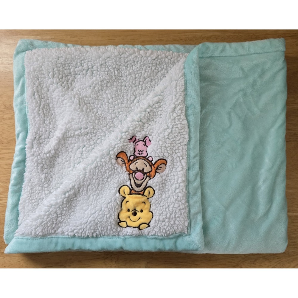 Disney Winnie the Pooh Tigger Piglet Sherpa Baby Blanket 38"x29" Mint Aqua
